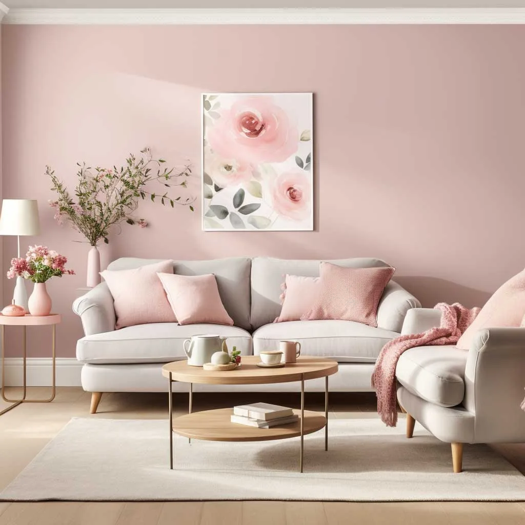 Living room with pink painted walls